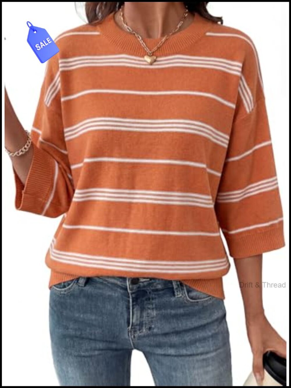 Womens Oversized 3/4 Sleeve Striped Lightweight Knit Sweater Pullover